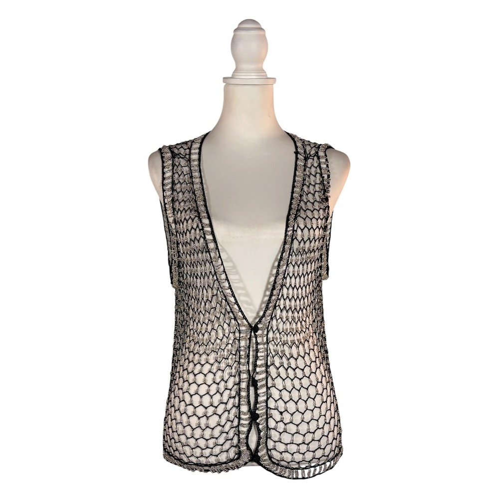 Vintage 90s Crochet Beaded Vest Women's M Boho‎ Hippie Retro Goth Glam Festival